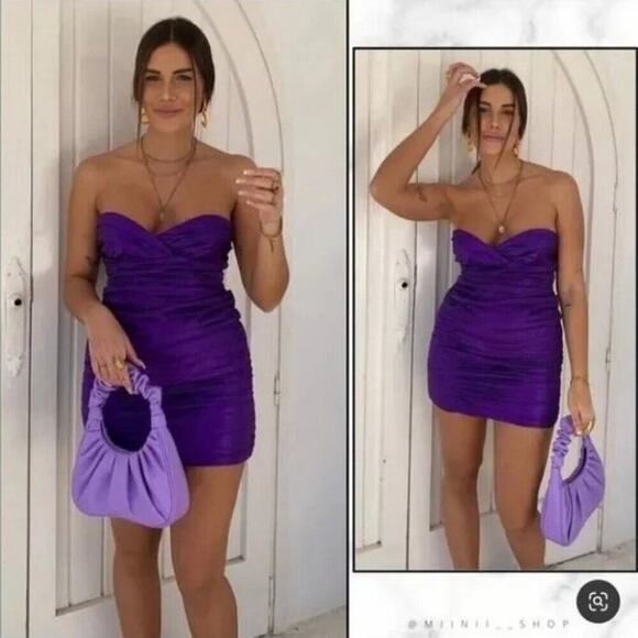 ZARA Strapless Mini Dress Metallic Purple Ruched S NWT - Picture 9 of 13